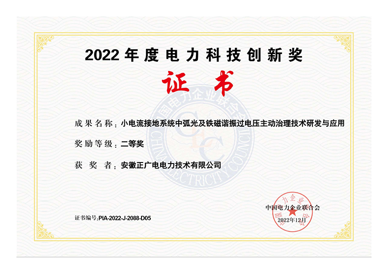 2022年电力科技创新奖二等奖《小电流接地系统中弧光及铁磁谐振过电压主动治理技术研发与应用》.jpg
